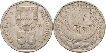 Португалия 50 эскудо 1988 парусник KM 636 медно-никель 4572-522