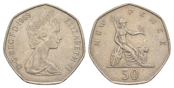 Великобритания 50 пенсов 1969 Елизавета II (1952-2022) KM 913, Spink 4223 медно-никель 4634-612