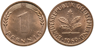 ФРГ 1 пфеннига 1969 G KM 105, J. 380 сталь плакированная медью UNC 99-1256