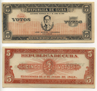 КУБА 5 ВОТОС 1948 НОТГЕЛЬД, СЕНАТОР США ХОСЕ МАНУЭЛЬ КАСАНОВА, ПЕРВЫЕ ПРЕЗИДЕНТСКИЕ ВЫБОРЫ, ПОБЕДА ПРОАМЕРИКАНСКОГО РЕЖИМА САКАРЕСА бумага аUNC 504-93-3
