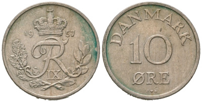 Дания 10 эре 1957 KM 841 медно-никель 4621-361