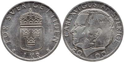 Швеция 1 крона 2000 Карл XVI Густав (1973- ) KM 852а медно-никель 4364-3557