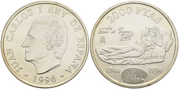 Испания 2000 песет 1996 250 лет со дня рождения Франциско Гойи, в банковской запайке KM 968 серебро UNC 1518-133