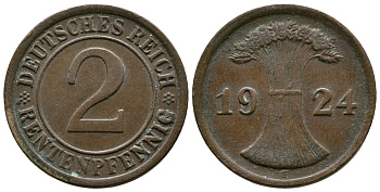 ГЕРМАНИЯ 2 РЕНТЕНПФЕННИГА 1924 E KM 31, J.307 бронза 86-1711