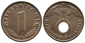 Германия 1 рейхспфенниг 1937 A KM 89, J. 361 бронза    220-168