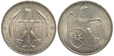 Германия 3 марки 1929 A, союз Вальдека с Пруссией J. 337, KM 62 серебро UNC 00-803-17