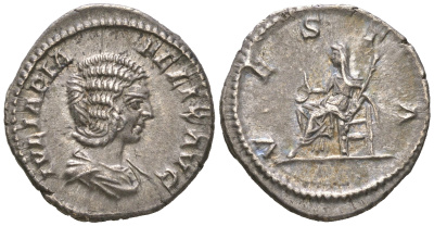 Римская Империя денарий 215 Юлия Домна, жена Септимия Севера, IVLIA PIA FELIX AVG, бюст императрицы/VESTA, Веста, Рим, в слабе RNGA - AU RIC 391 серебро 15-004-05