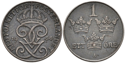 Швеция 1 эре 1944 Густав V (1907-1950) KM 810 железо 4585-314