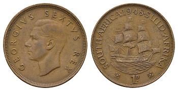 ЮАР 1 пенни 1948 Георг VI (1936-1952), точка после даты KM 34.1 бронза 4526-613