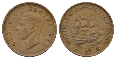 ЮАР 1 пенни 1948 Георг VI (1936-1952), точка после даты KM 34.1 бронза 4526-613