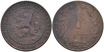 Нидерланды 1 цент 1904 Вильгельмина (1890-1948) KM 132.1 бронза    4169-229