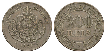 Бразилия 200 реалов (рейсов) 1871 Педро II (1831-1889) KM 478 медно-никель 1519-1421