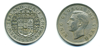 Новая Зеландия 1/2 кроны 1950 Георг VI (1936-1952) KM 19 медно-никель 35-222