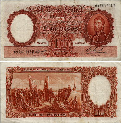 АРГЕНТИНА 100 ПЕСО 1969 СЕРИЯ F 84581, ГЕНЕРАЛ САН МАРТИН, ПОДПИСЬ EGIDIO IANNELLA - PEDRO S. REAL Pick 277 бумага 7204-68-3