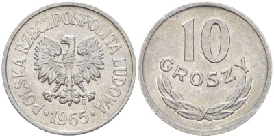 ПОЛЬША 10 ГРОШЕЙ 1965 MW KM AA47, Parchimowicz 206d алюминий UNC 4181-237