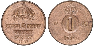 Швеция 1 эре 1966 Густав VI Адольф (1950-1973) KM 820 бронза 4609-1025