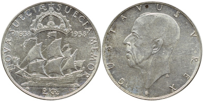 Швеция 2 кроны 1938 G, Густав V (1907-1950), 300 лет шведским поселениям в Делавере KM 807 серебро 1530-1123