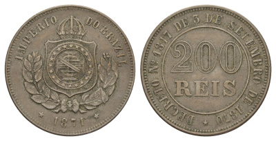 Бразилия 200 реалов (рейсов) 1871 Педро II (1831-1889) KM 478 медно-никель 1519-1421