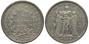 Франция 5 франков 1875 K, Геракл с богинями равенства и братства LE FRANC 334.16, KM 820.2 серебро 1524-1133