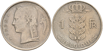 Бельгия 1 франк 1952 Belgique KM 142.1 медно-никель    4161-1225