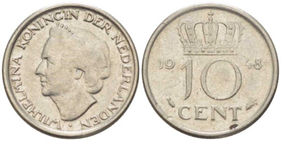 Нидерланды 10 центов 1948 Вильгельмина (1895-1948) KM 177 никель 214-1132