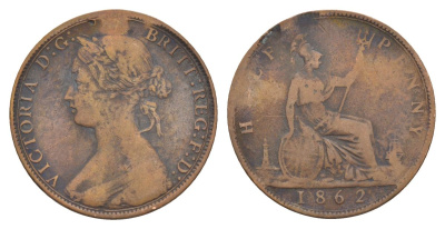 Великобритания 1/2 пенни 1862 Виктория (1837-1901) KM 748, Spink 3956 бронза 51-3426
