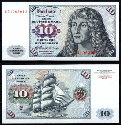 ФРГ 10 марок 1960 Альбрехт Дюрер. Kорабль "Горх Фок" Pick 19 бумага UNC (пресс) 451-1107-1