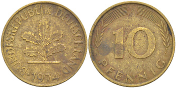 ФРГ 10 пфеннигов 1974 F KM 108, J. 383 сталь плакированная латунью 56-851