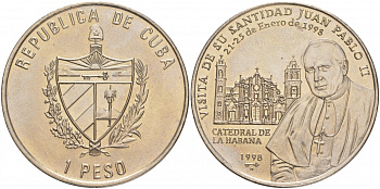 Куба 1 песо 1998 визит Иоанна Павла II  KM 732 медно-никель UNC M28-3