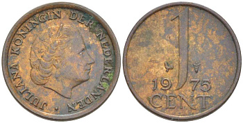 НИДЕРЛАНДЫ 1 ЦЕНТ 1975 ЮЛИАНА (1948-1980) KM 180 бронза 214-1049