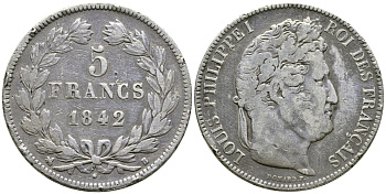 Франция 5 франков 1842 B, Луи Филипп I (1830-1848) KM 749.2 серебро 4386-122