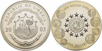 Либерия 5 долларов 2003 новые евромонеты Ватикана KM NEW медно-никель UNC 01-162-13