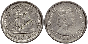 Британские Восточно-Карибские территории 10 центов 1961 Елизавета II (1952-2022), парусник KM 5 медно-никель 4387-844
