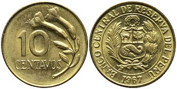 ПЕРУ 10 СЕНТАВО 1967 ЦВЕТОК KM 245.2 латунь 105-955