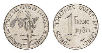 Западная Африка (BCEAO) 1 франк 1980 Центральный банк государств Западной Африки KM 8 нержавеющая слава UNC 4643-734