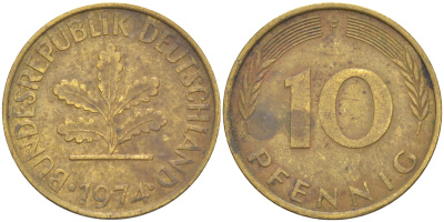 ФРГ 10 пфеннигов 1974 F KM 108, J. 383 сталь плакированная латунью 56-851
