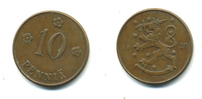 Финляндия 10 пенни 1920 республика (1918-1962) KM 24 медь 36-515