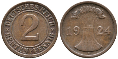 ГЕРМАНИЯ 2 РЕНТЕНПФЕННИГА 1924 E KM 31, J. 307 бронза 24-651