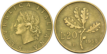Италия 20 лир 1958 R, дубовая ветвь KM 97 алюминиевая бронза 4567-341