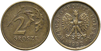 ПОЛЬША 2 ГРОША 1992 MW KM 277 латунь 201-366