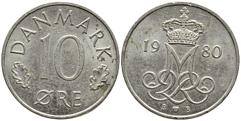 Дания 10 эре 1980 Маргрете II (1972-2024) KM 860.2 медно-никель 4396-537