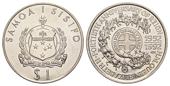Самоа 1 тала 1992 40 лет правлению Королевы Елизаветы II KM 88 медно-никель BU 4125-1225