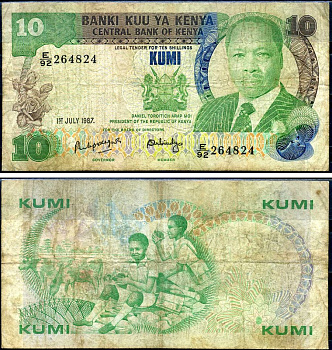 Кения 10 шиллингов 1987 2-й президент Дэниэл Торойтич арап Мои (1978-2002) Pick 20 f бумага 7214-21-1-1