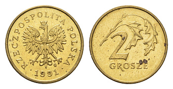 Польша 2 гроша 1991 Y 277 марганец латунь UNC 4674-936