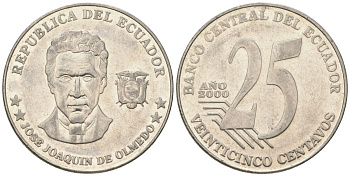 Эквадор 25 сентаво 2000 KM 107 сталь плакированная никелем 4448-751