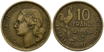 Франция 10 франков 1953 петух KM 915.1, Le Franc 363.8 алюминиевая бронза 4601-414