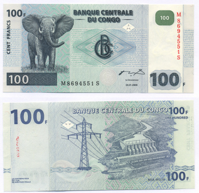 Конго 100 франков 2000 ГЭС, слон Pick 92 бумага UNC (пресс) 7547-33-4