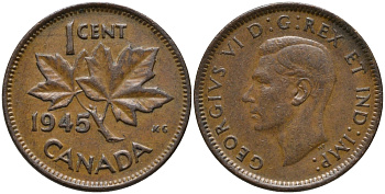 Канада 1 цент 1945 Георг VI (1937-1952), кленовый лист KM 32 бронза 220-828