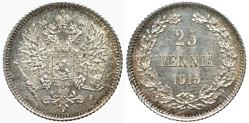 Россия для Финляндии 25 пенни 1915 S, Николай II (1894-1917) KM 6.2, Биткин 420 серебро 75-1229