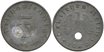 Германия 5 рейхспфеннигов 1940 В, монетный двор Вена KM 100, J. 370 цинк 186-655